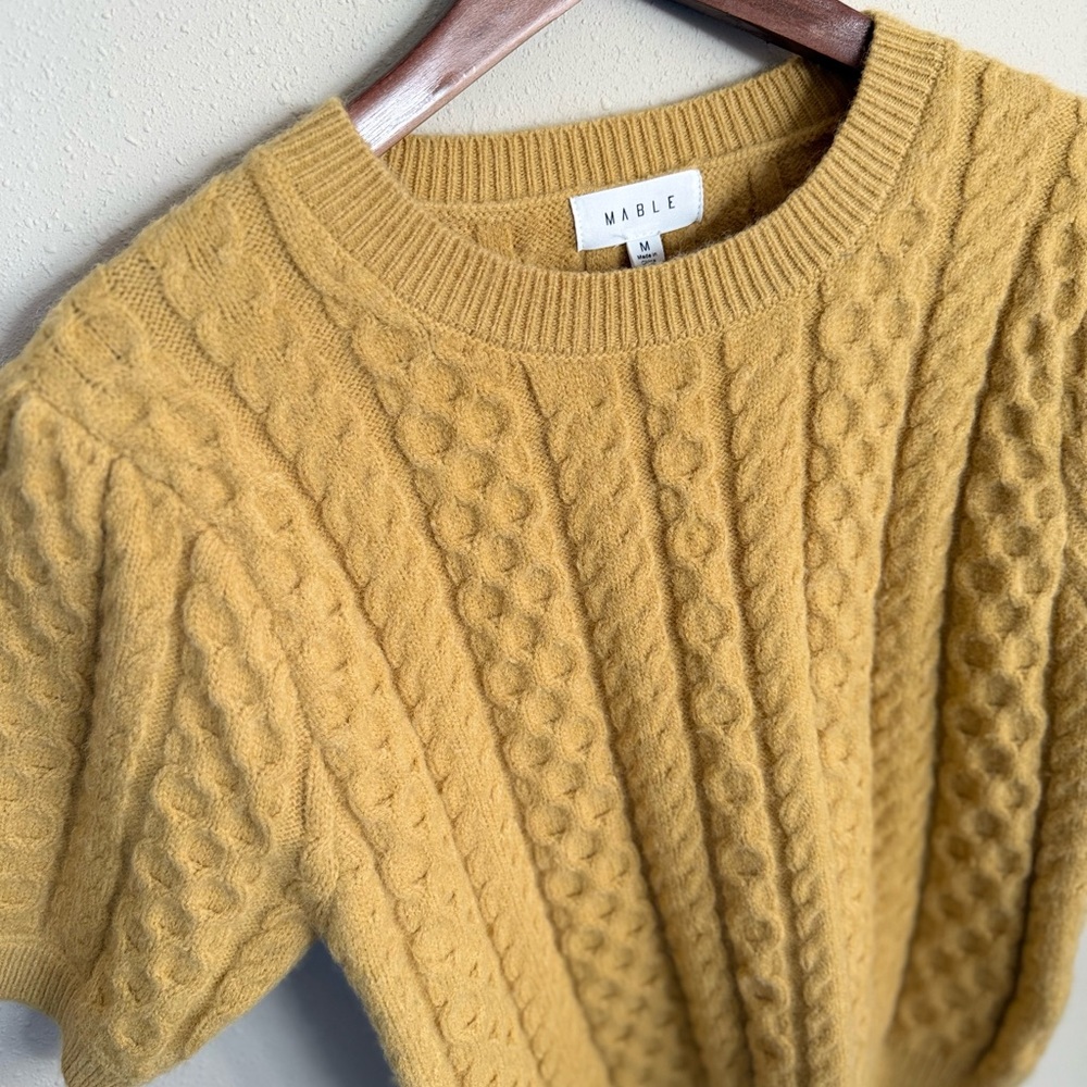 Mable Mustard Cable Knit Sweater Short Sleeve Cozy Cottagecore Medium - Picture 9 of 14